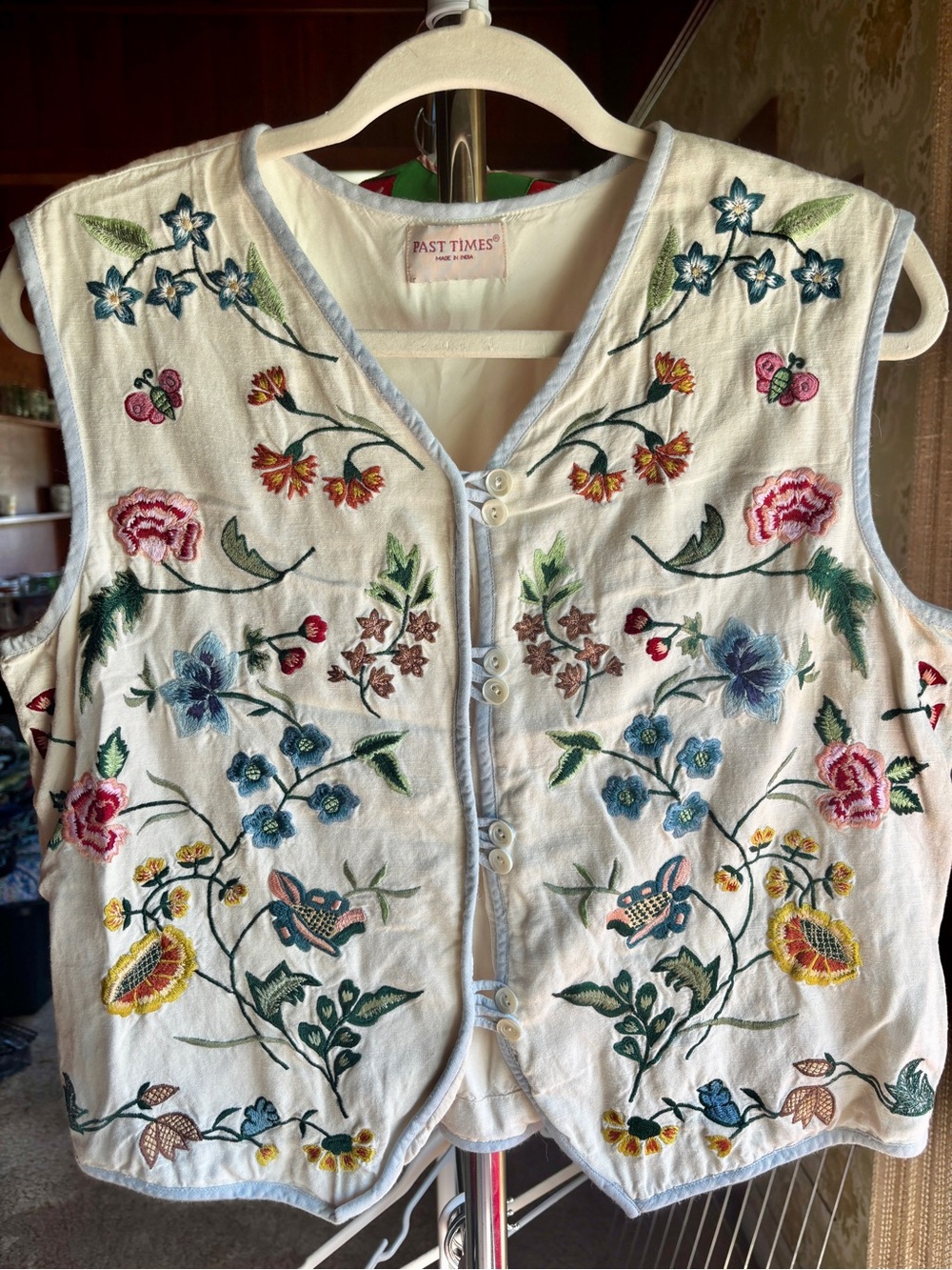past times embroidered floral vest size l cottagecore linen blend tie back waist